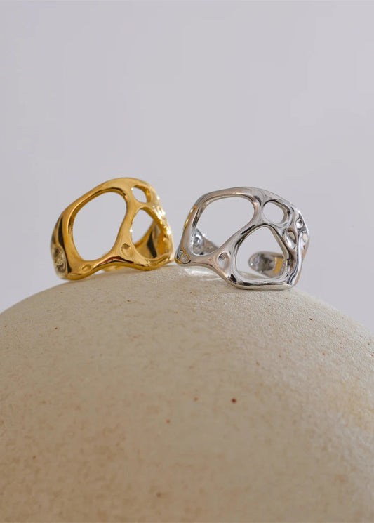 Sculpted Geometric Hollow Gold Plated Stainless Steel Adjustable Statement Ring