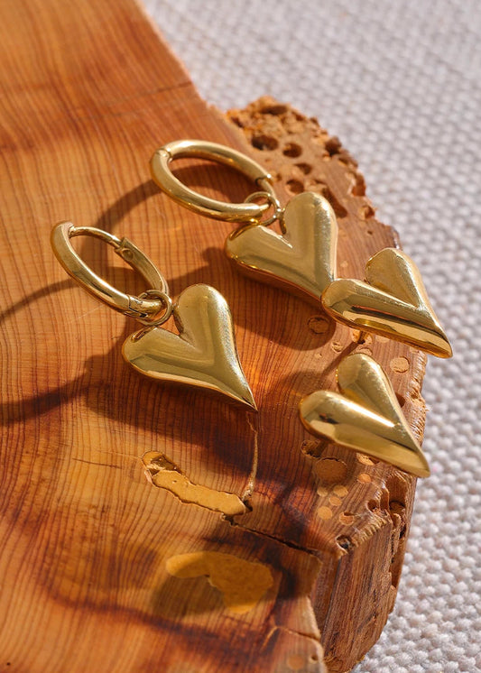 Heart Charm Gold Plated Stainless Steel Stud Huggie Hoop Earrings