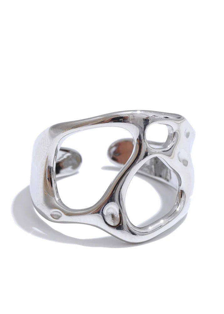 Sculpted Geometric Hollow Gold Plated Stainless Steel Adjustable Statement Ring