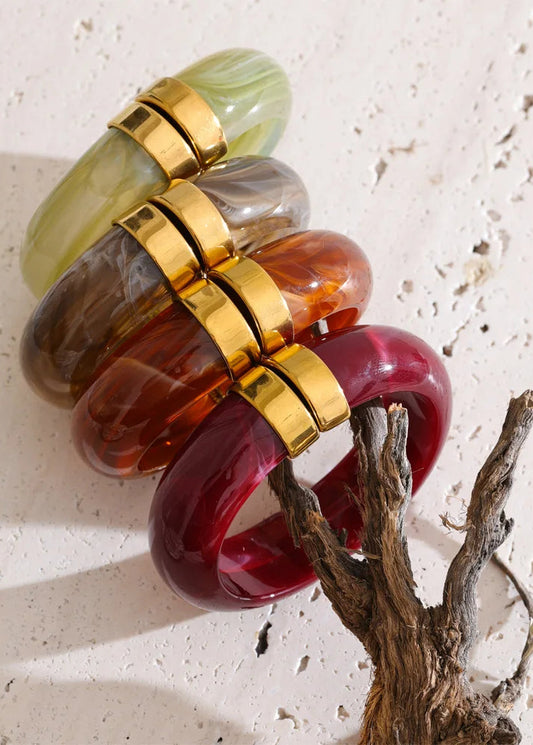 Modern Muse Thick Acrylic Bracelet Gold Plated Stainless Steel Statement Bangle