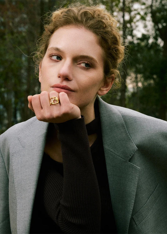 Sculpted Geometric Hollow Gold Plated Stainless Steel Adjustable Statement Ring