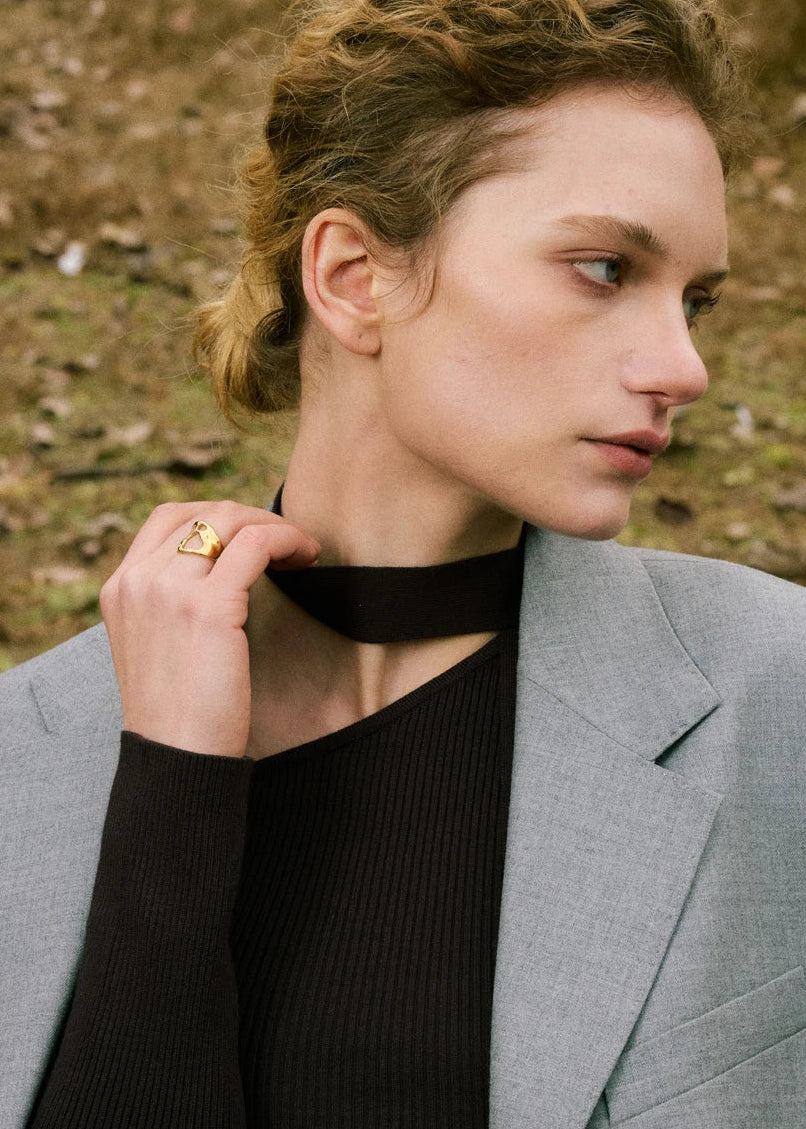 Sculpted Geometric Hollow Gold Plated Stainless Steel Adjustable Statement Ring