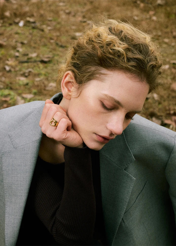 Sculpted Geometric Hollow Gold Plated Stainless Steel Adjustable Statement Ring