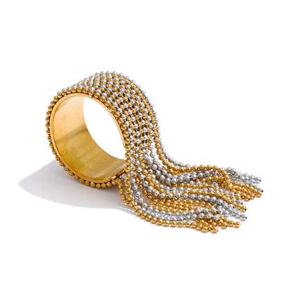 Bohemian Gleam Gold Plated Stainless Steel Adjustable Tassel Statement Ring