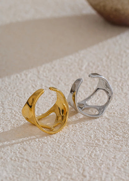 Sculpted Geometric Hollow Gold Plated Stainless Steel Adjustable Statement Ring