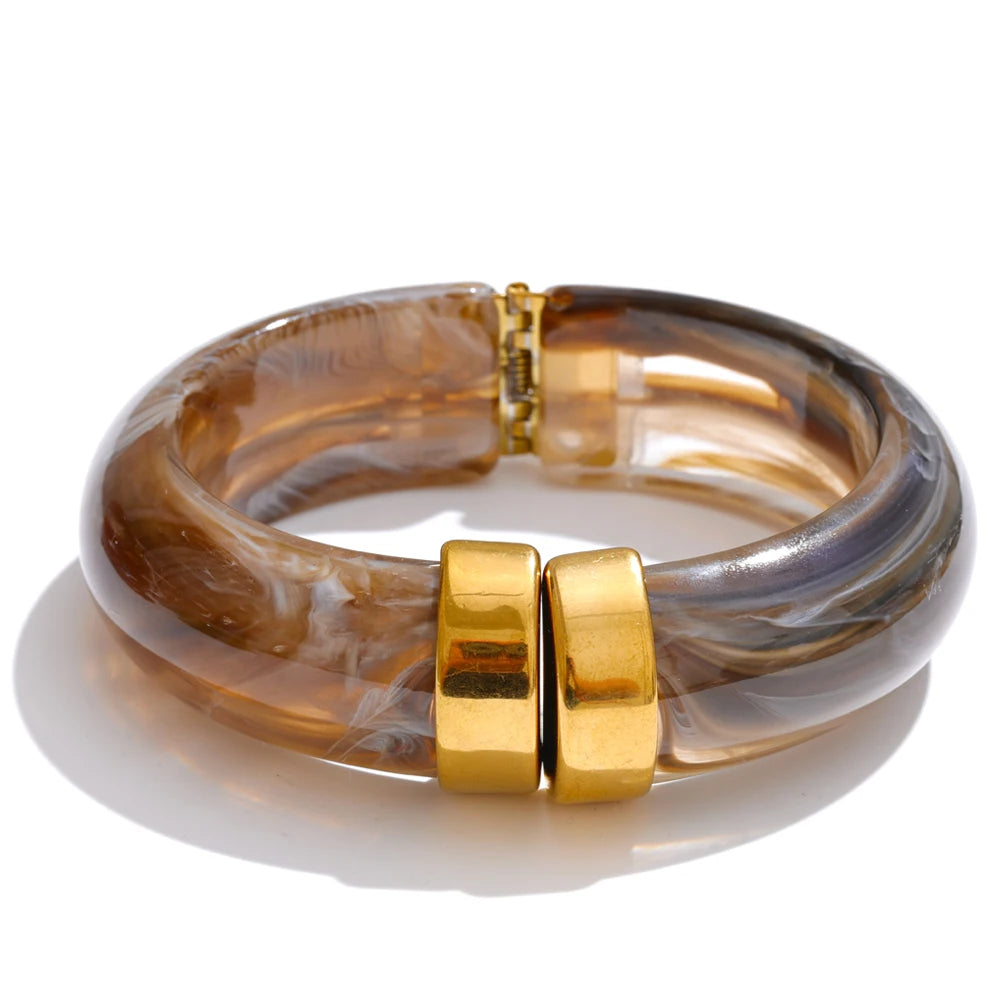 Modern Muse Thick Acrylic Bracelet Gold Plated Stainless Steel Statement Bangle