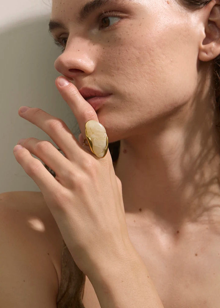 Melted Earth Geometric Resin Gold Plated Stainless Steel Adjustable Statement Ring