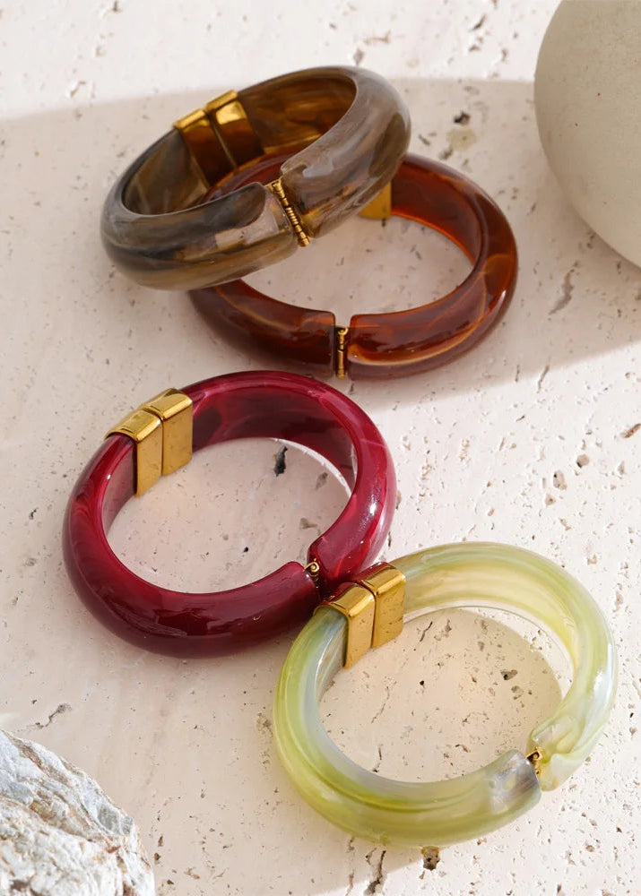 Modern Muse Thick Acrylic Bracelet Gold Plated Stainless Steel Statement Bangle