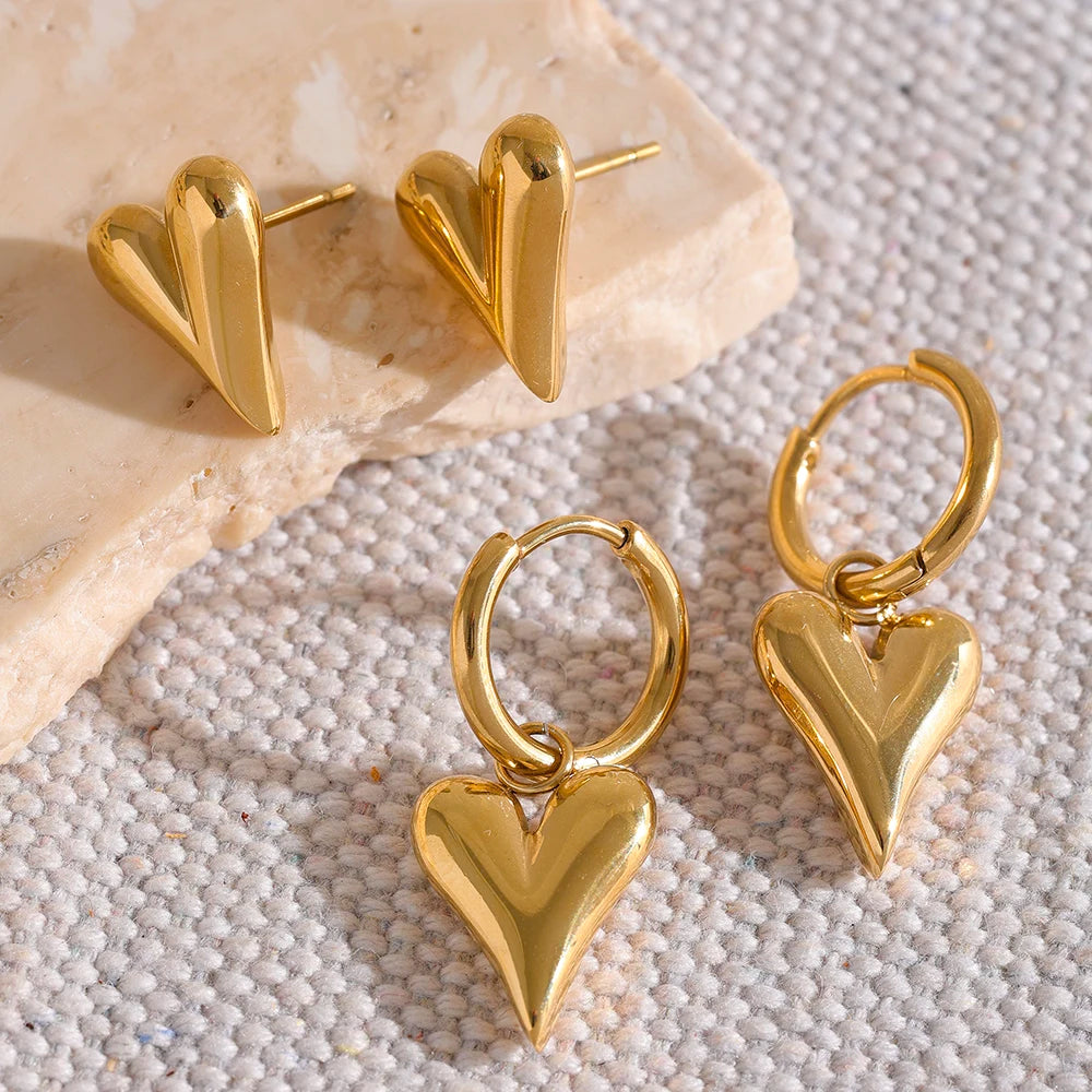 Heart Charm Gold Plated Stainless Steel Stud Huggie Hoop Earrings