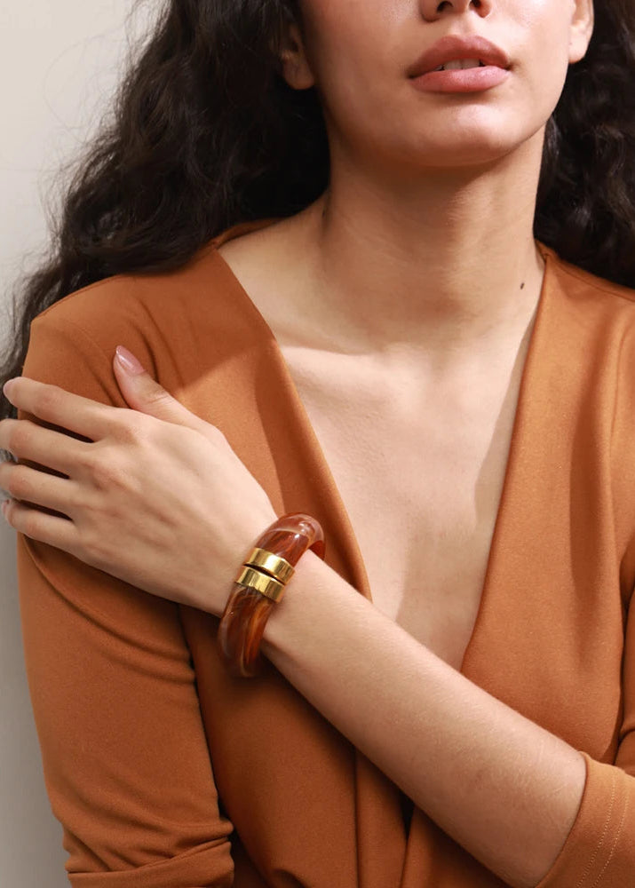 Modern Muse Thick Acrylic Bracelet Gold Plated Stainless Steel Statement Bangle