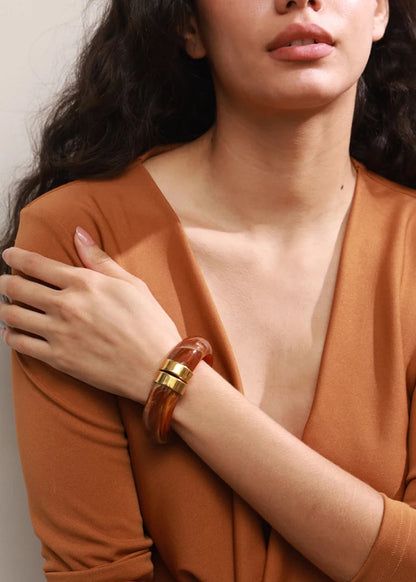 Modern Muse Thick Acrylic Bracelet Gold Plated Stainless Steel Statement Bangle