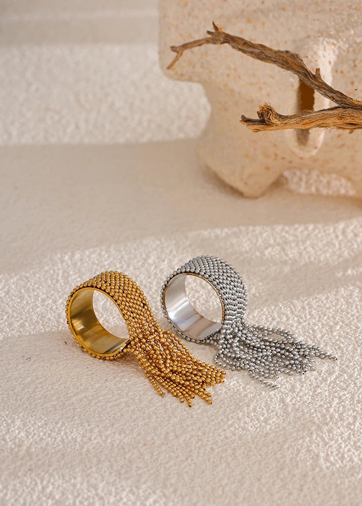 Bohemian Gleam Gold Plated Stainless Steel Adjustable Tassel Statement Ring