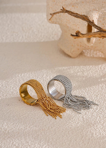 Bohemian Gleam Gold Plated Stainless Steel Adjustable Tassel Statement Ring