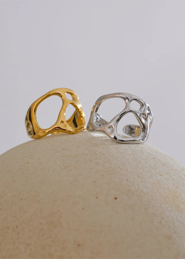 Sculpted Geometric Hollow Gold Plated Stainless Steel Adjustable Statement Ring