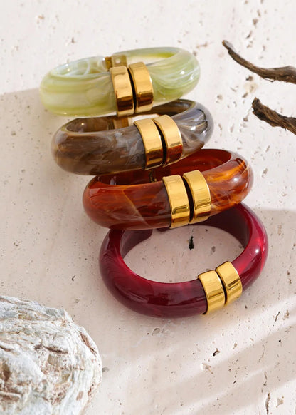 Modern Muse Thick Acrylic Bracelet Gold Plated Stainless Steel Statement Bangle