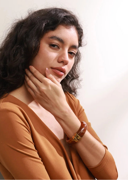 Modern Muse Thick Acrylic Bracelet Gold Plated Stainless Steel Statement Bangle