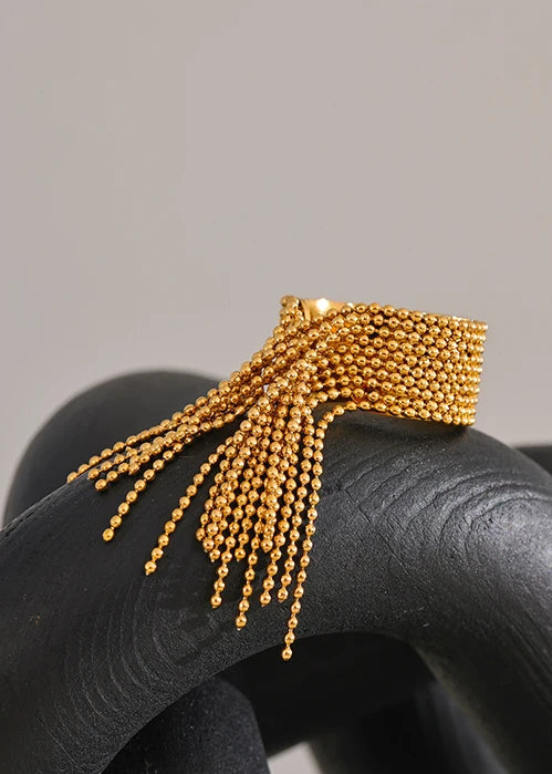 Bohemian Gleam Gold Plated Stainless Steel Adjustable Tassel Statement Ring