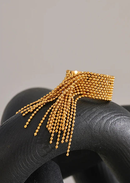 Bohemian Gleam Gold Plated Stainless Steel Adjustable Tassel Statement Ring
