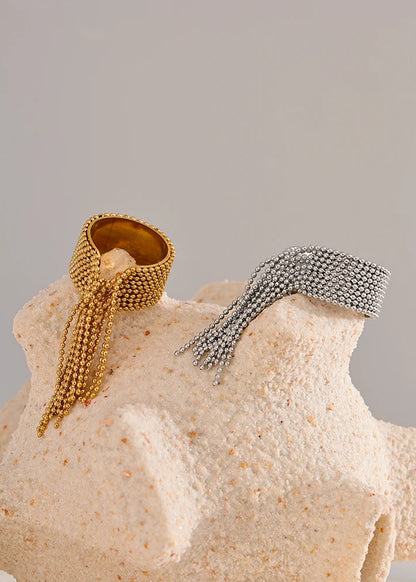 Bohemian Gleam Gold Plated Stainless Steel Adjustable Tassel Statement Ring