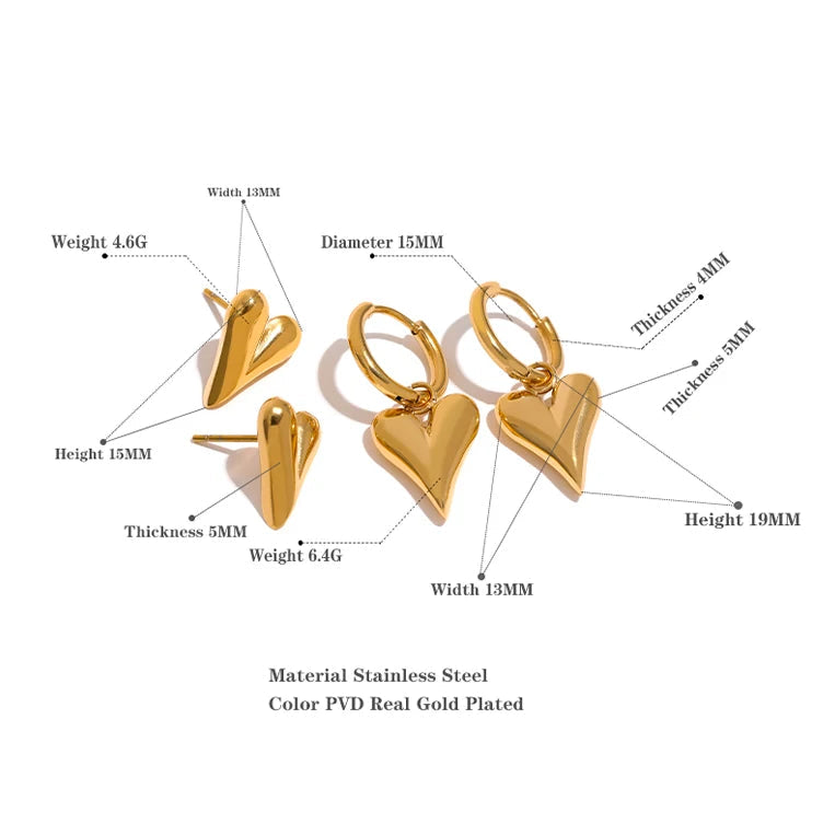 Heart Charm Gold Plated Stainless Steel Stud Huggie Hoop Earrings