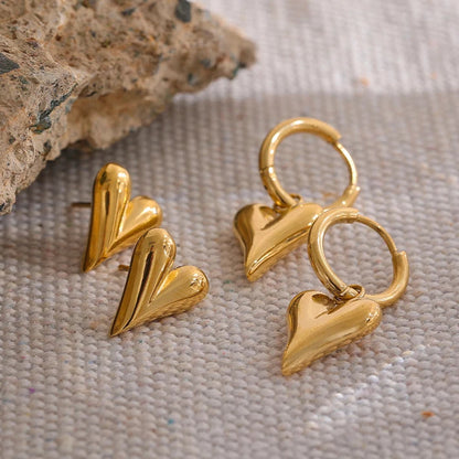 Heart Charm Gold Plated Stainless Steel Stud Huggie Hoop Earrings