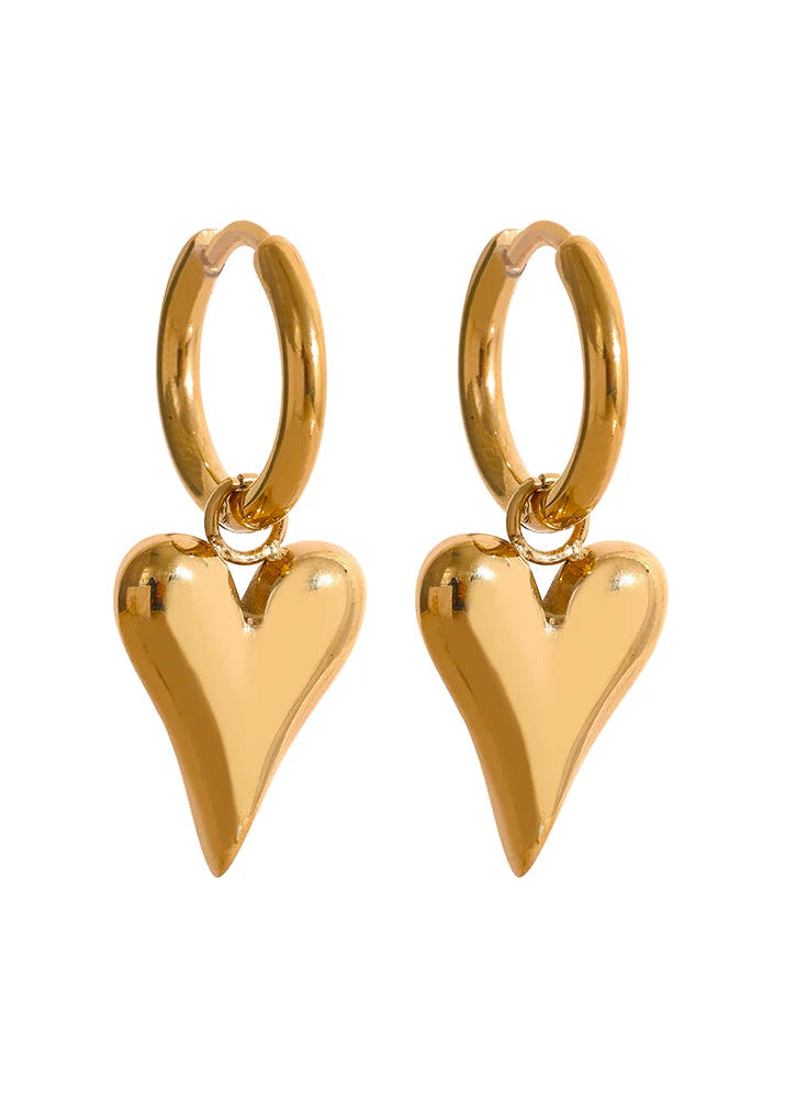 Heart Charm Gold Plated Stainless Steel Stud Huggie Hoop Earrings