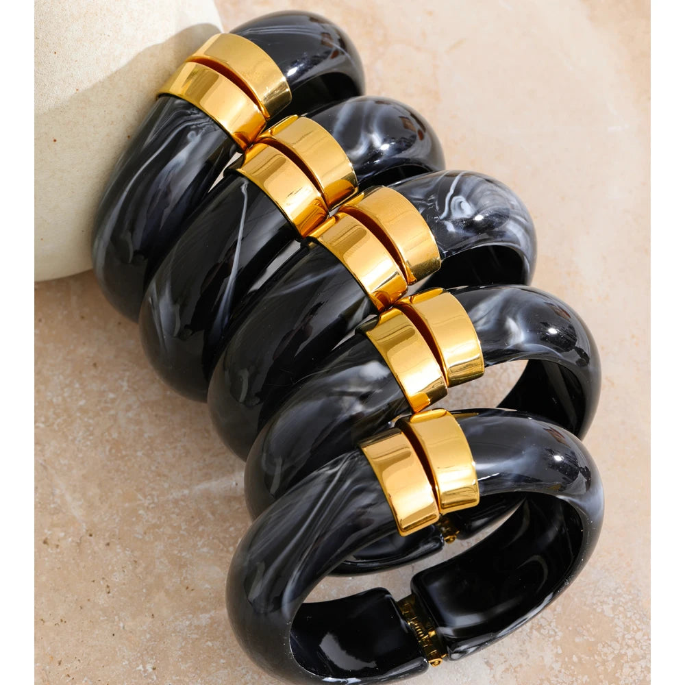Modern Muse Thick Acrylic Bracelet Gold Plated Stainless Steel Statement Bangle