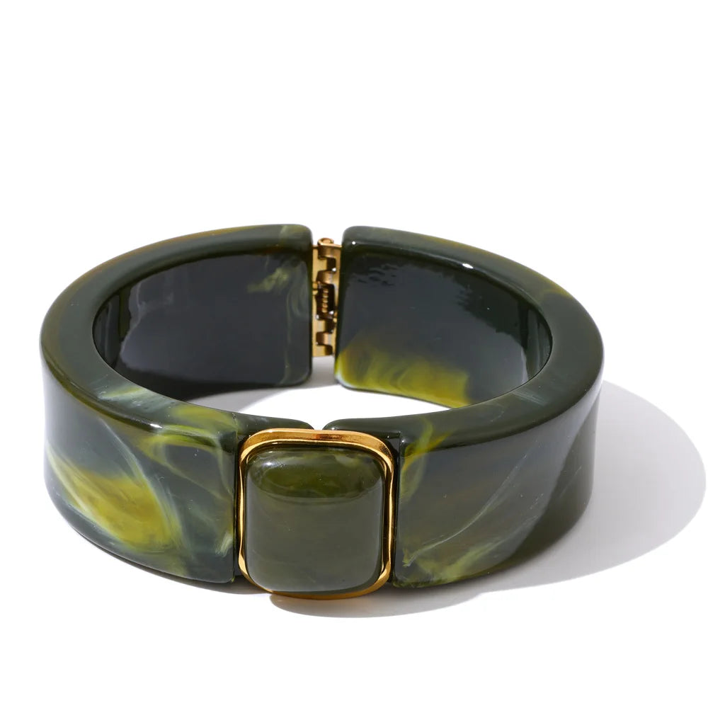 Modern Muse Thick Acrylic Bracelet Gold Plated Stainless Steel Statement Bangle