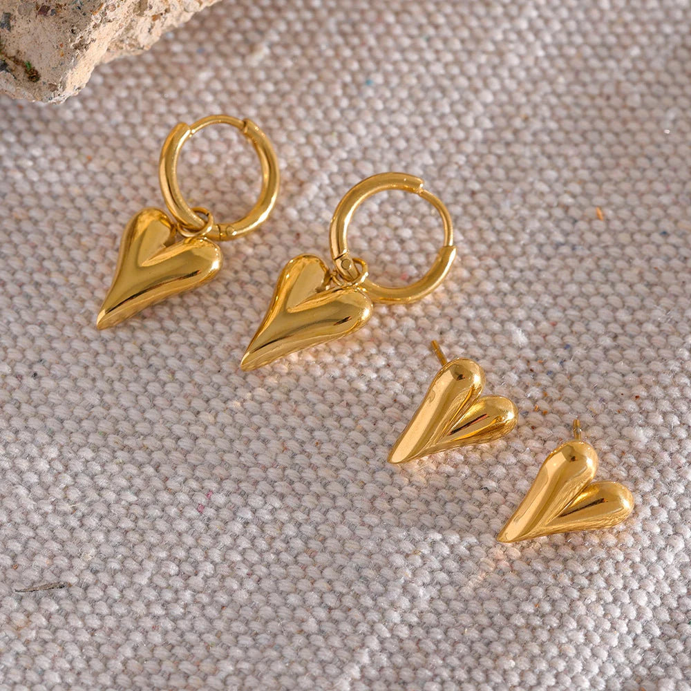 Heart Charm Gold Plated Stainless Steel Stud Huggie Hoop Earrings