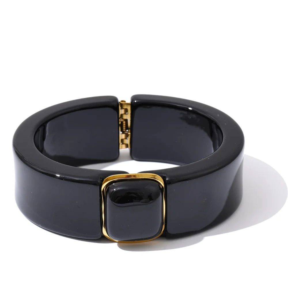 Modern Muse Thick Acrylic Bracelet Gold Plated Stainless Steel Statement Bangle