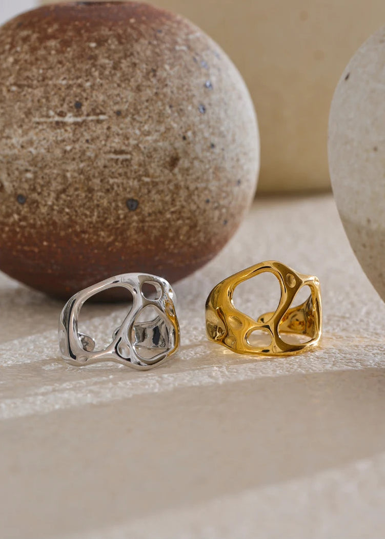 Sculpted Geometric Hollow Gold Plated Stainless Steel Adjustable Statement Ring