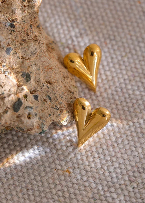 Heart Charm Gold Plated Stainless Steel Stud Huggie Hoop Earrings