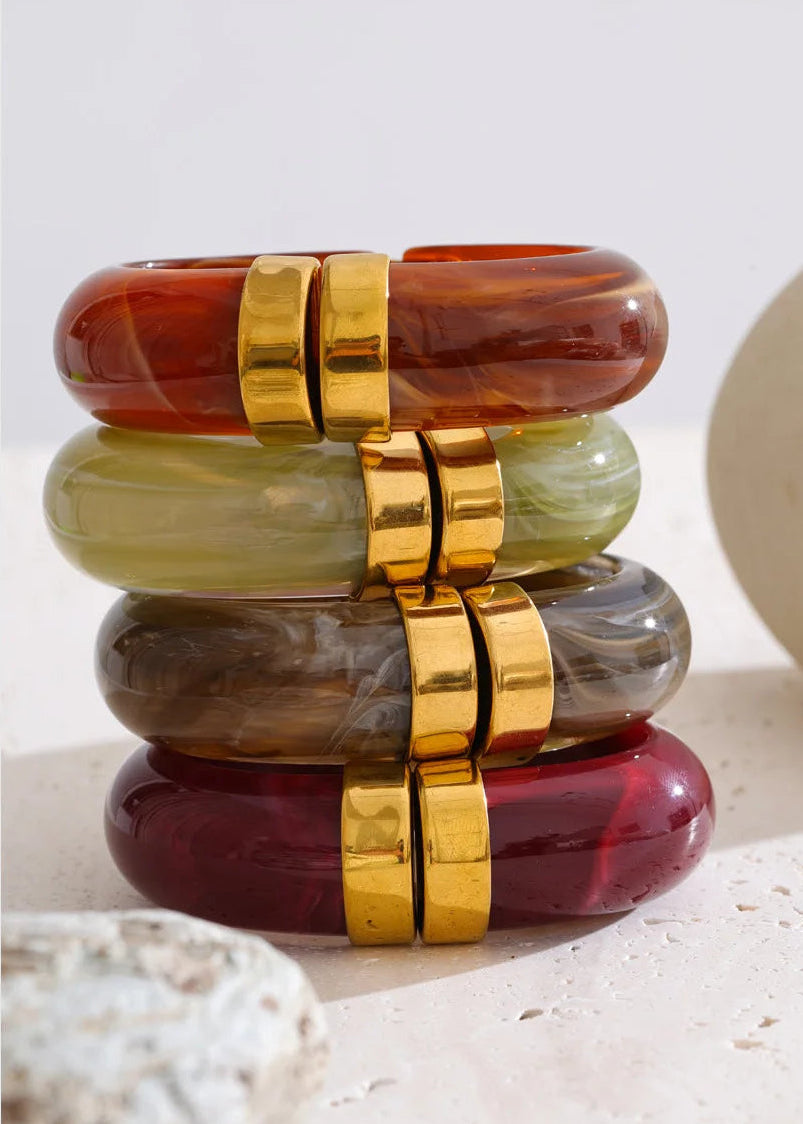 Modern Muse Thick Acrylic Bracelet Gold Plated Stainless Steel Statement Bangle