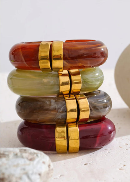 Modern Muse Thick Acrylic Bracelet Gold Plated Stainless Steel Statement Bangle
