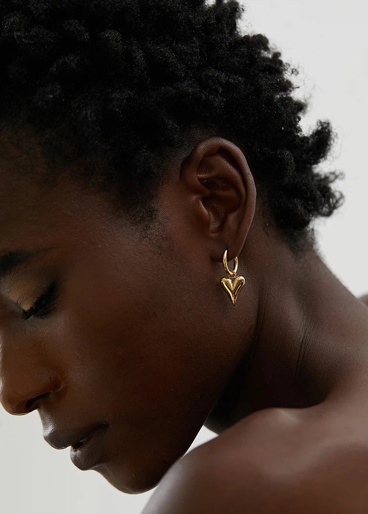 Heart Charm Gold Plated Stainless Steel Stud Huggie Hoop Earrings