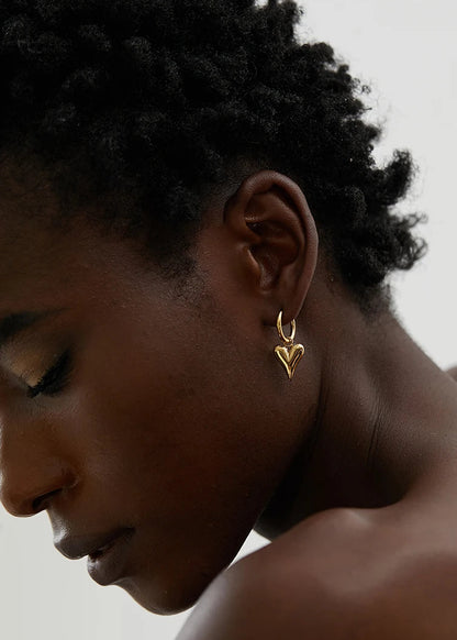 Heart Charm Gold Plated Stainless Steel Stud Huggie Hoop Earrings