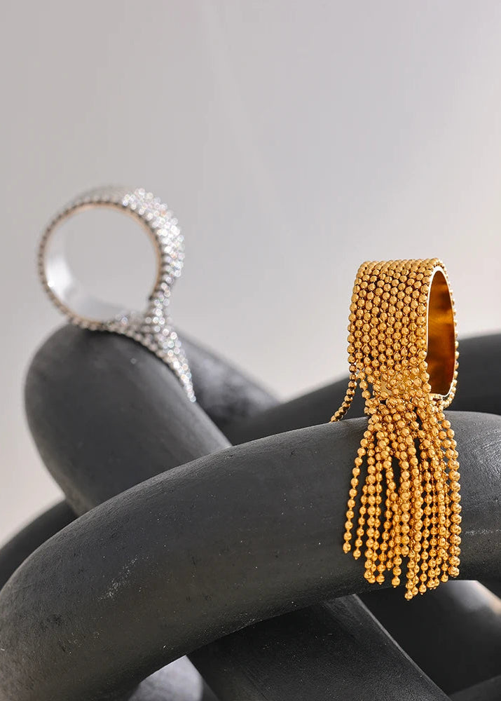 Bohemian Gleam Gold Plated Stainless Steel Adjustable Tassel Statement Ring
