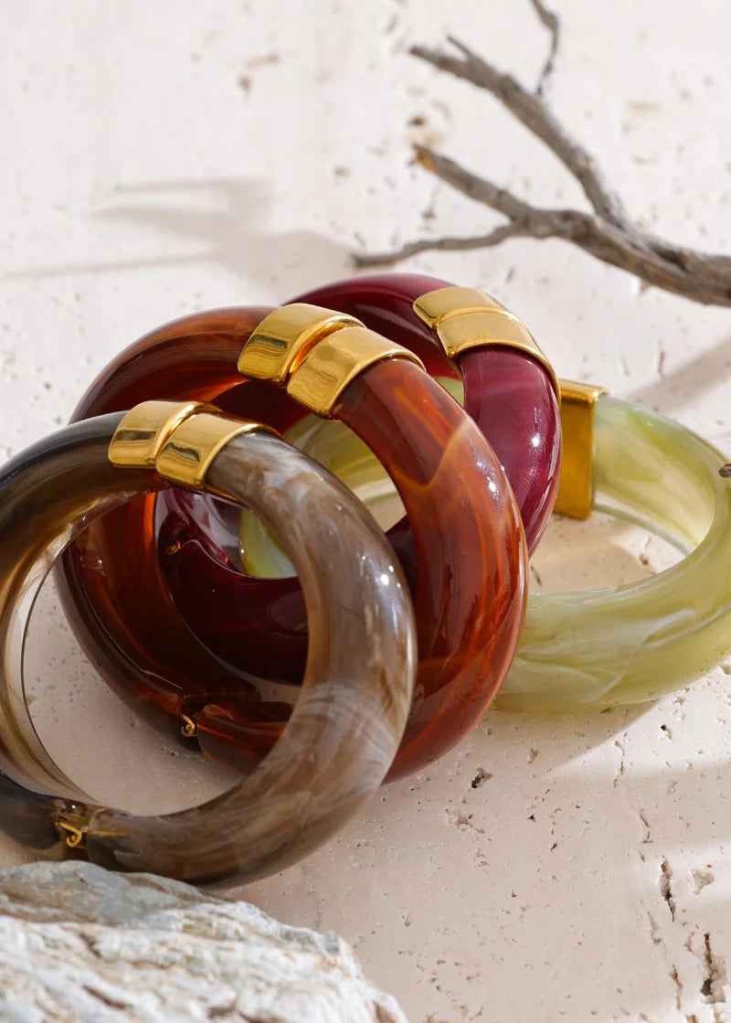 Modern Muse Thick Acrylic Bracelet Gold Plated Stainless Steel Statement Bangle