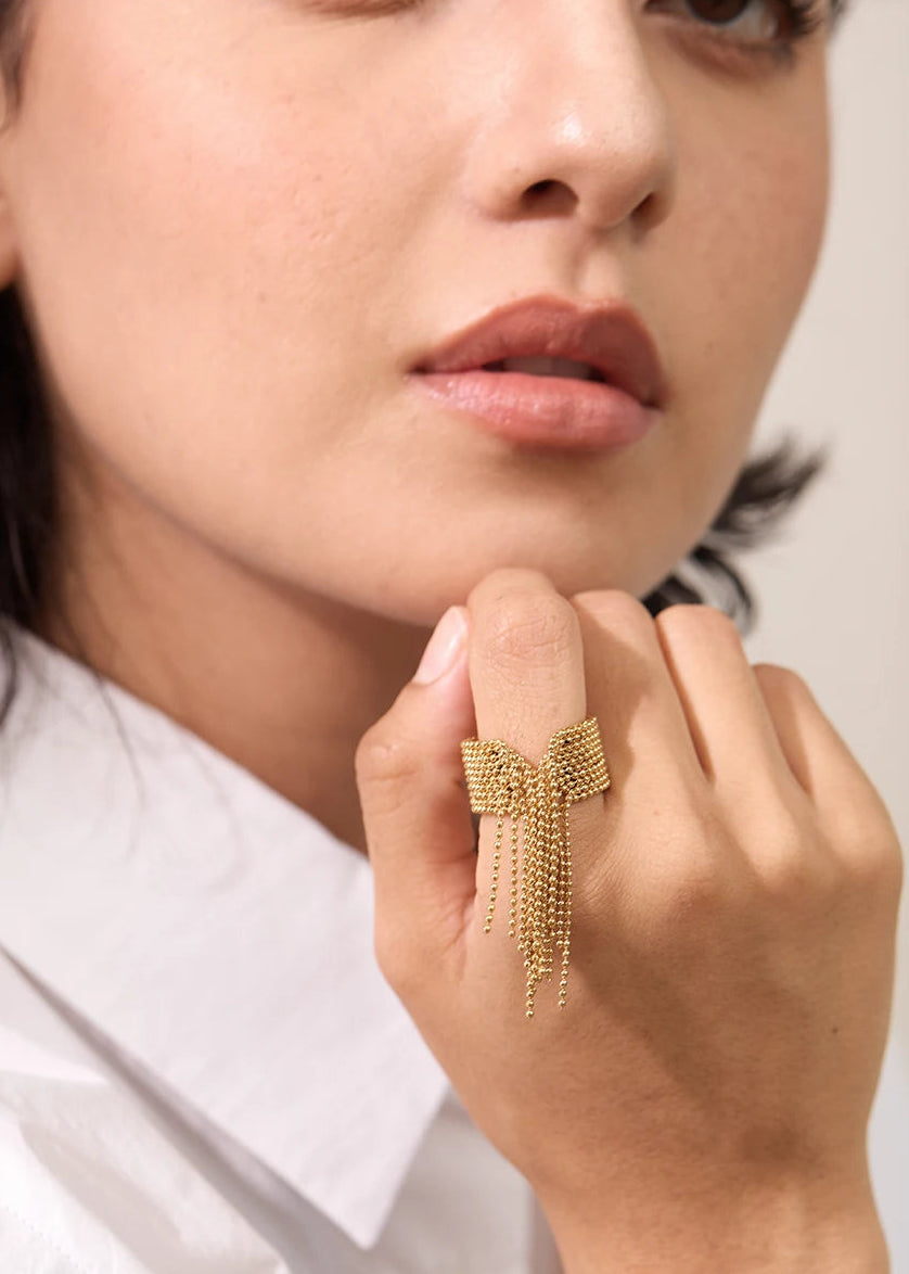 Bohemian Gleam Gold Plated Stainless Steel Adjustable Tassel Statement Ring