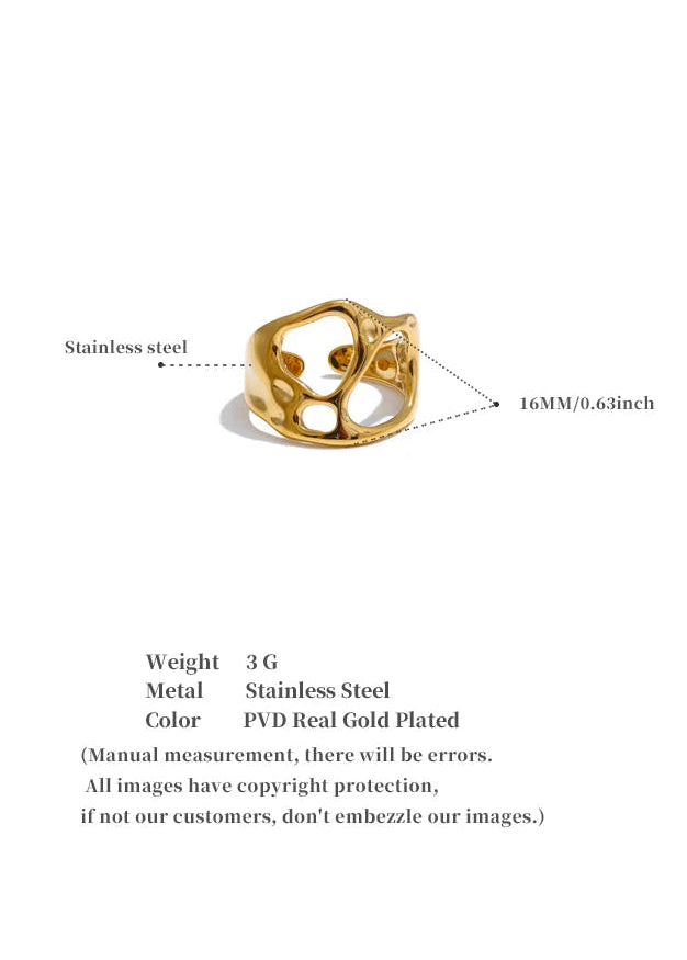 Sculpted Geometric Hollow Gold Plated Stainless Steel Adjustable Statement Ring