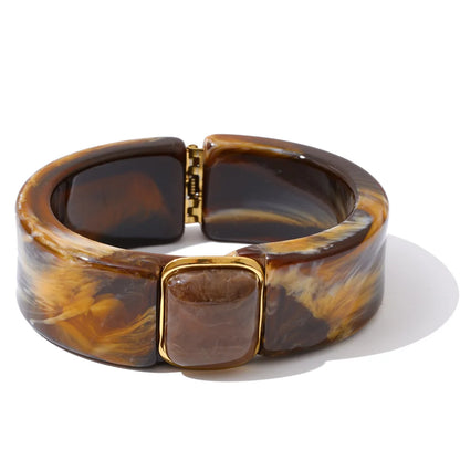 Modern Muse Thick Acrylic Bracelet Gold Plated Stainless Steel Statement Bangle