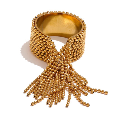 Bohemian Gleam Gold Plated Stainless Steel Adjustable Tassel Statement Ring