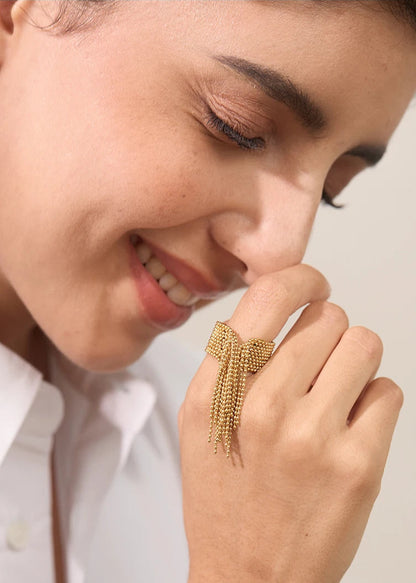 Bohemian Gleam Gold Plated Stainless Steel Adjustable Tassel Statement Ring