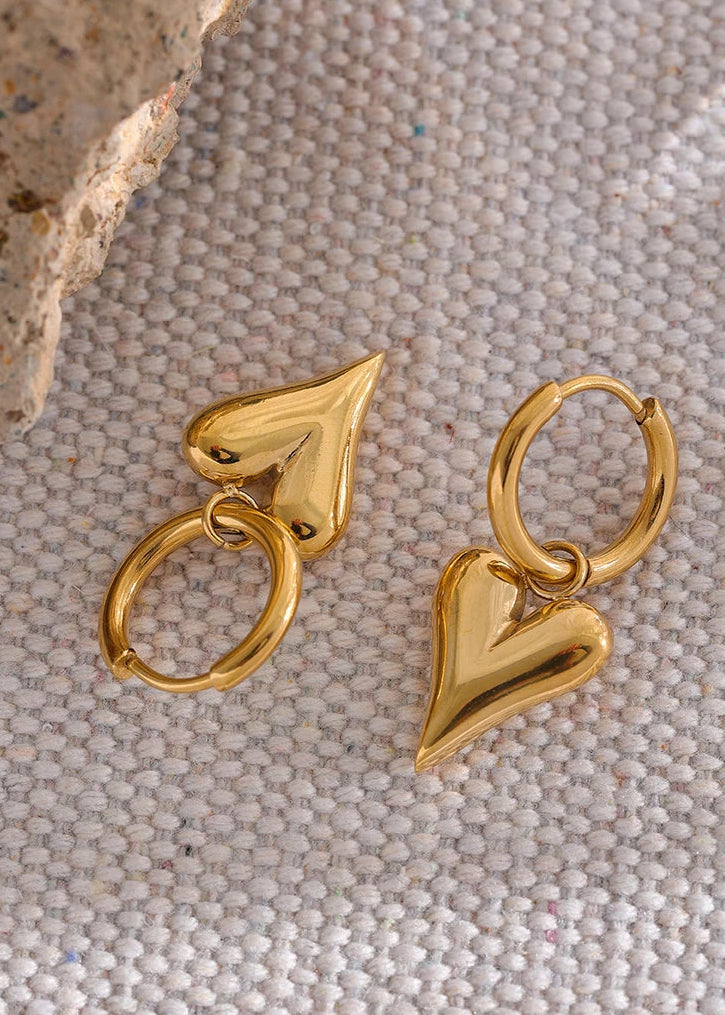 Heart Charm Gold Plated Stainless Steel Stud Huggie Hoop Earrings